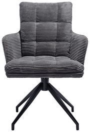 Grauer Armlehnstuhl mit gestepptem Stoffbezug und schwarzem Metallgestell, Frontalansicht