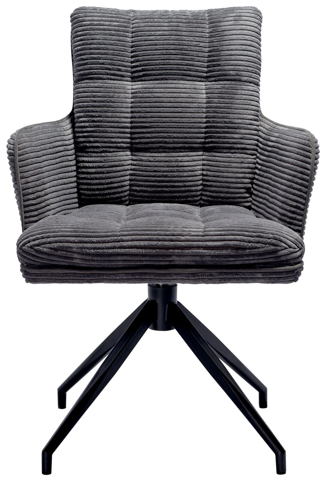 Grauer Armlehnstuhl mit gestepptem Stoffbezug und schwarzem Metallgestell, Frontalansicht
