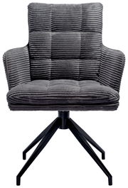 Grauer Armlehnstuhl mit gestepptem Stoffbezug und schwarzem Metallgestell, Frontalansicht