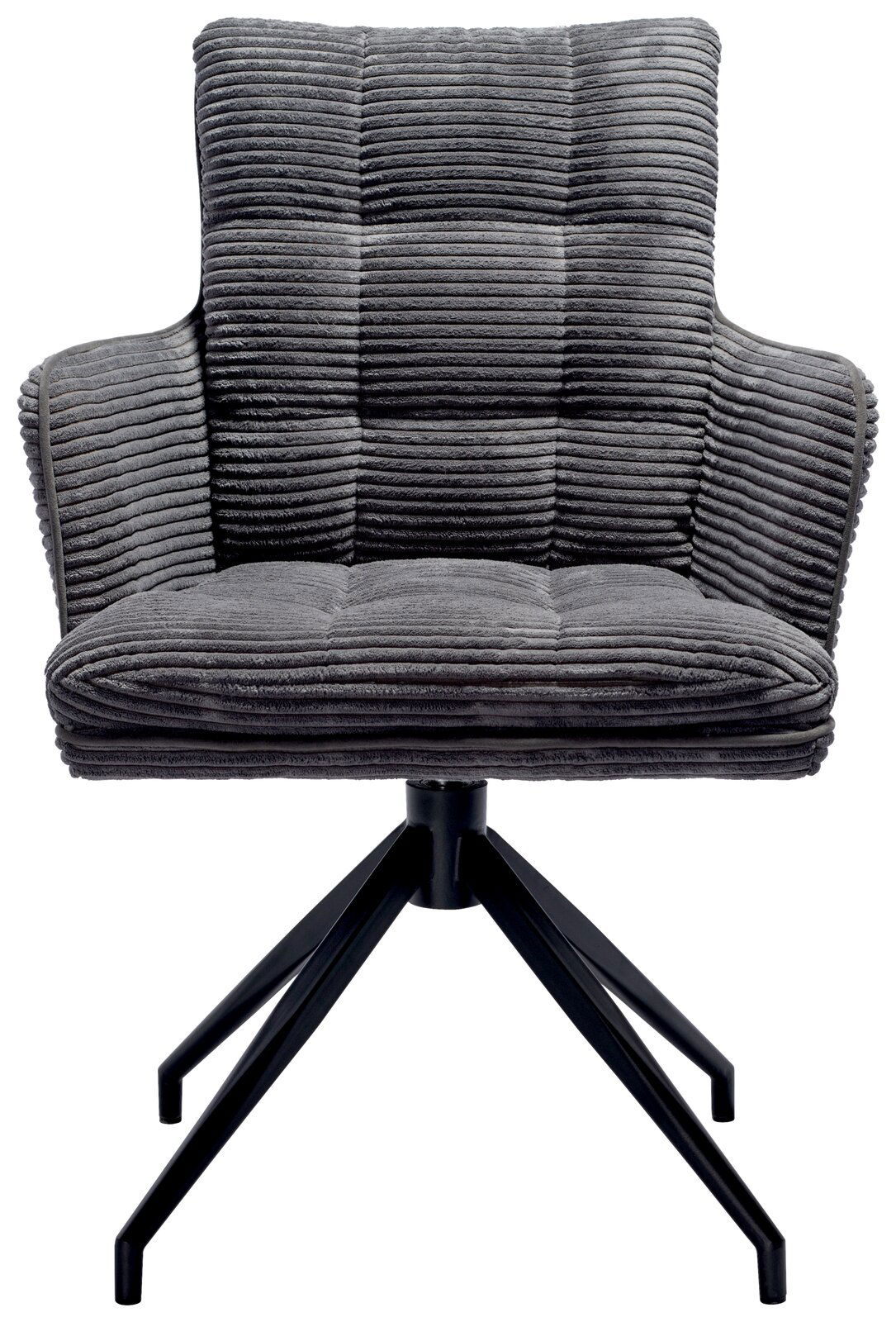 Grauer Armlehnstuhl mit gestepptem Stoffbezug und schwarzem Metallgestell, Frontalansicht