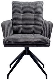 Grauer Armlehnstuhl mit gestepptem Stoffbezug und schwarzem Metallgestell, Frontalansicht