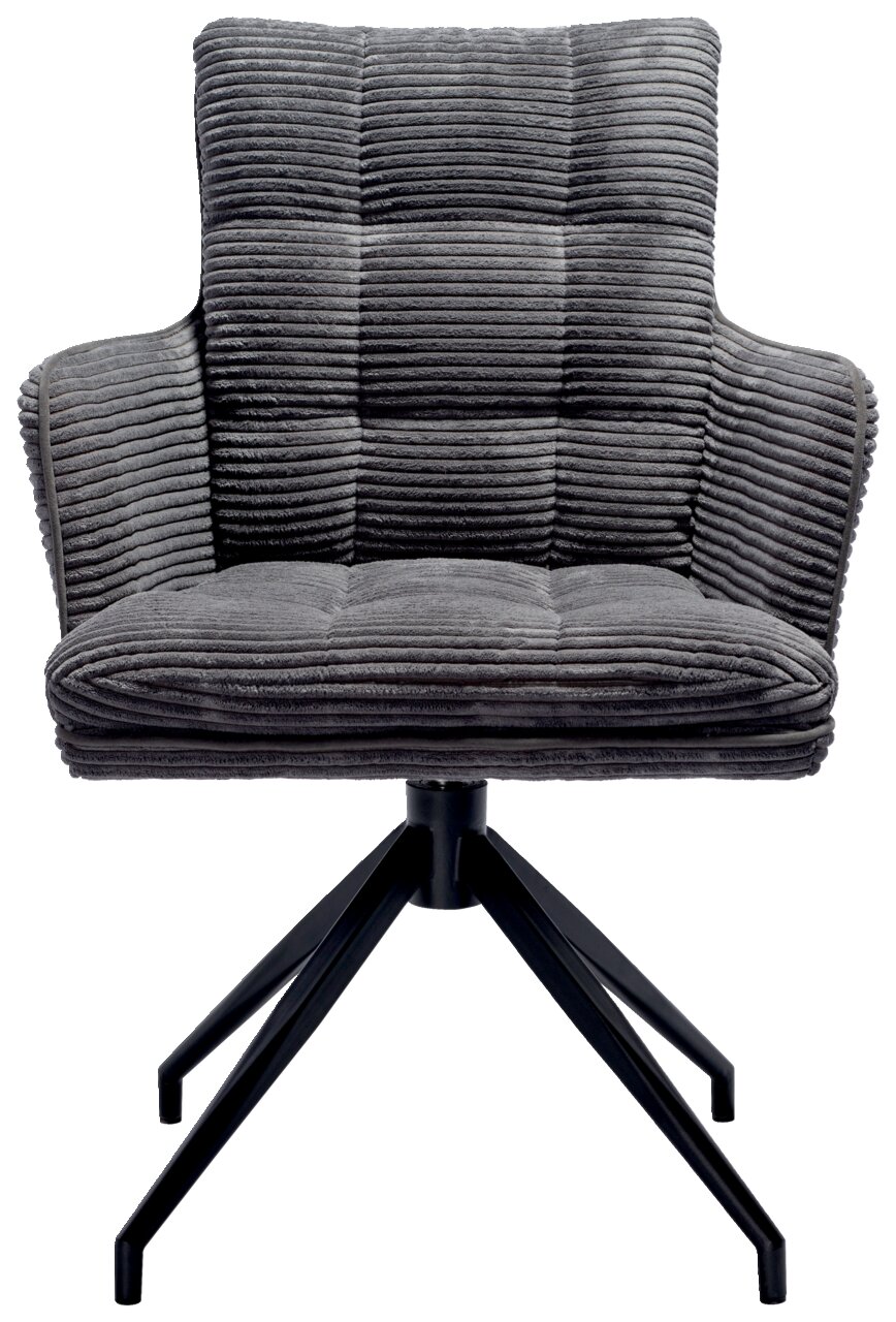 Grauer Armlehnstuhl mit gestepptem Stoffbezug und schwarzem Metallgestell, Frontalansicht