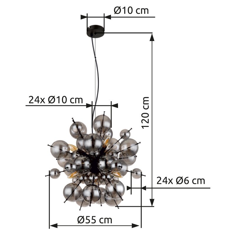 Hängeleuchte mit kugelförmigem Design, bestehend aus mehreren glänzenden Kugeln in verschiedenen Größen, von der Seite betrachtet. Maße: Durchmesser 55 cm, Höhe 120 cm.