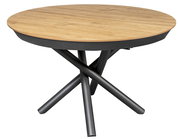 Runder Esstisch mit Holzplatte und schwarzem Metallgestell, seitliche Perspektive