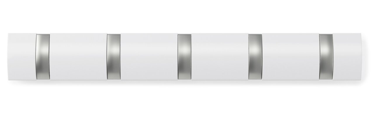 Moderne Wandgarderobe mit fünf weißen Haken und silbernen Akzenten, Ansicht von vorne.