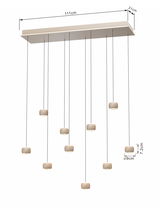 LED-Pendelleuchte mit neun hängenden Leuchtkörpern, rechteckige Deckenhalterung, seitliche Perspektive