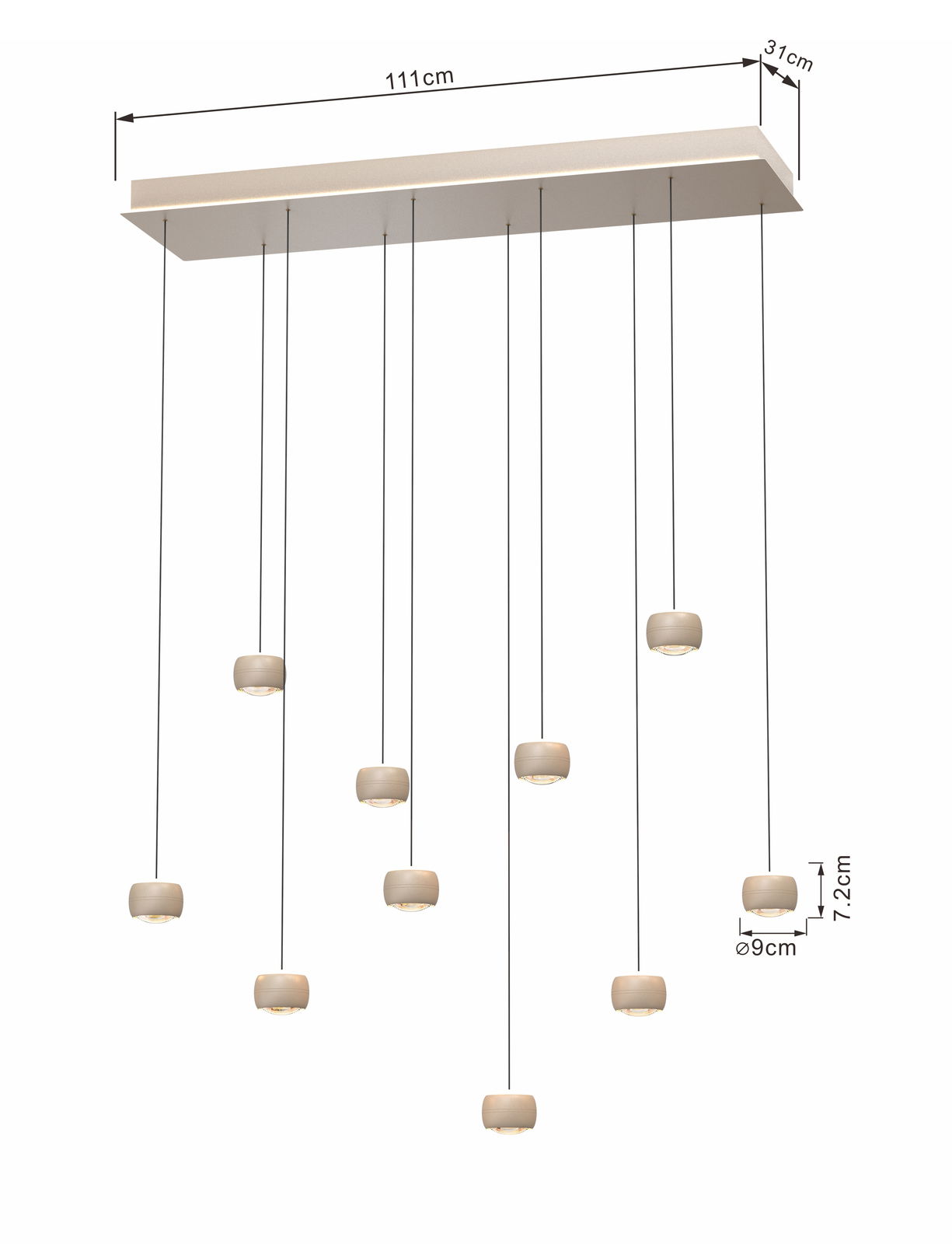 LED-Pendelleuchte mit neun hängenden Leuchtkörpern, rechteckige Deckenhalterung, seitliche Perspektive