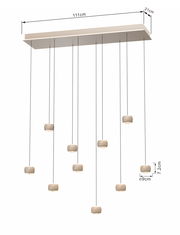 LED-Pendelleuchte mit neun hängenden Leuchtkörpern, rechteckige Deckenhalterung, seitliche Perspektive