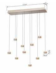 LED-Pendelleuchte mit neun hängenden Leuchtkörpern, rechteckige Deckenhalterung, seitliche Perspektive
