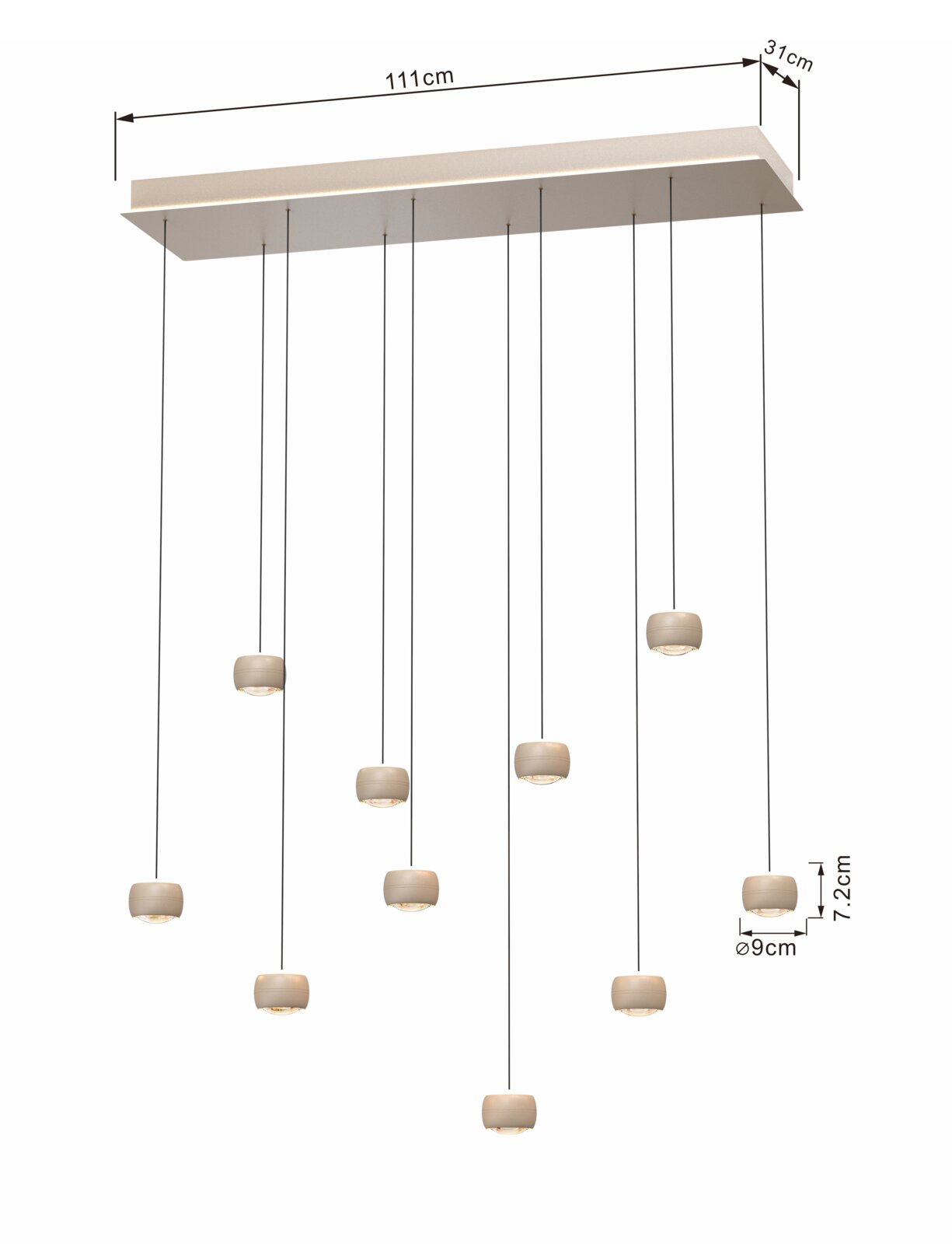 LED-Pendelleuchte mit neun hängenden Leuchtkörpern, rechteckige Deckenhalterung, seitliche Perspektive