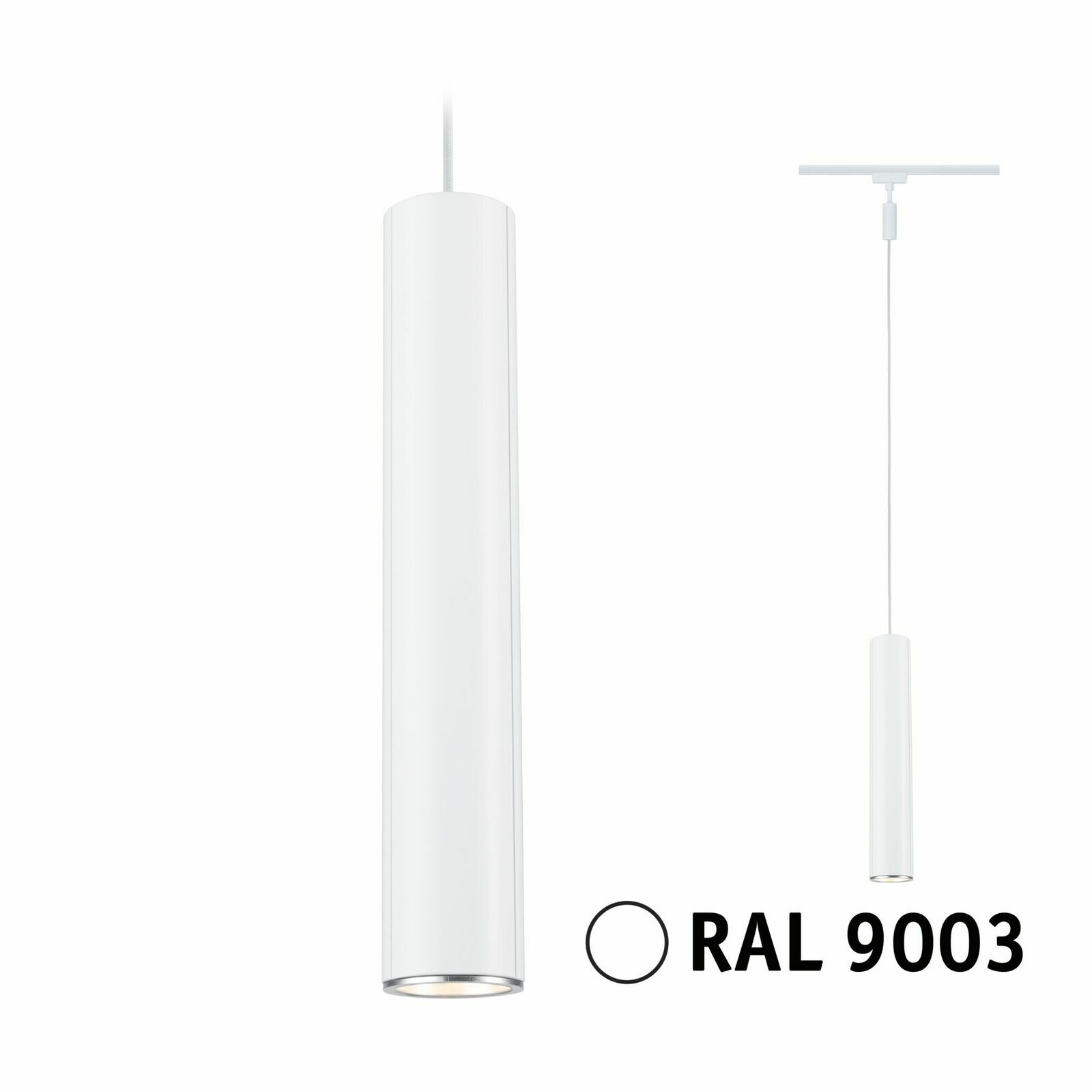 Weißes, zylindrisches Schienenpendel Catalejo von PAULMANN, Modell URAIL, in RAL 9003, seitliche Perspektive.