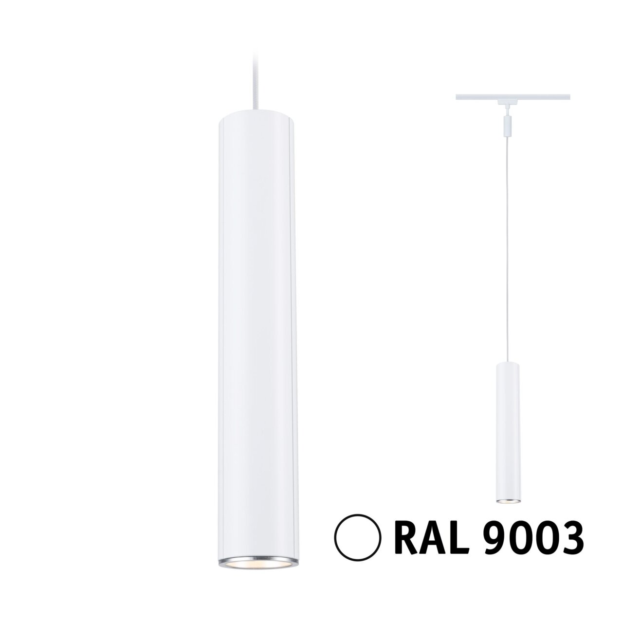 Weißes, zylindrisches Schienenpendel Catalejo von PAULMANN, Modell URAIL, in RAL 9003, seitliche Perspektive.