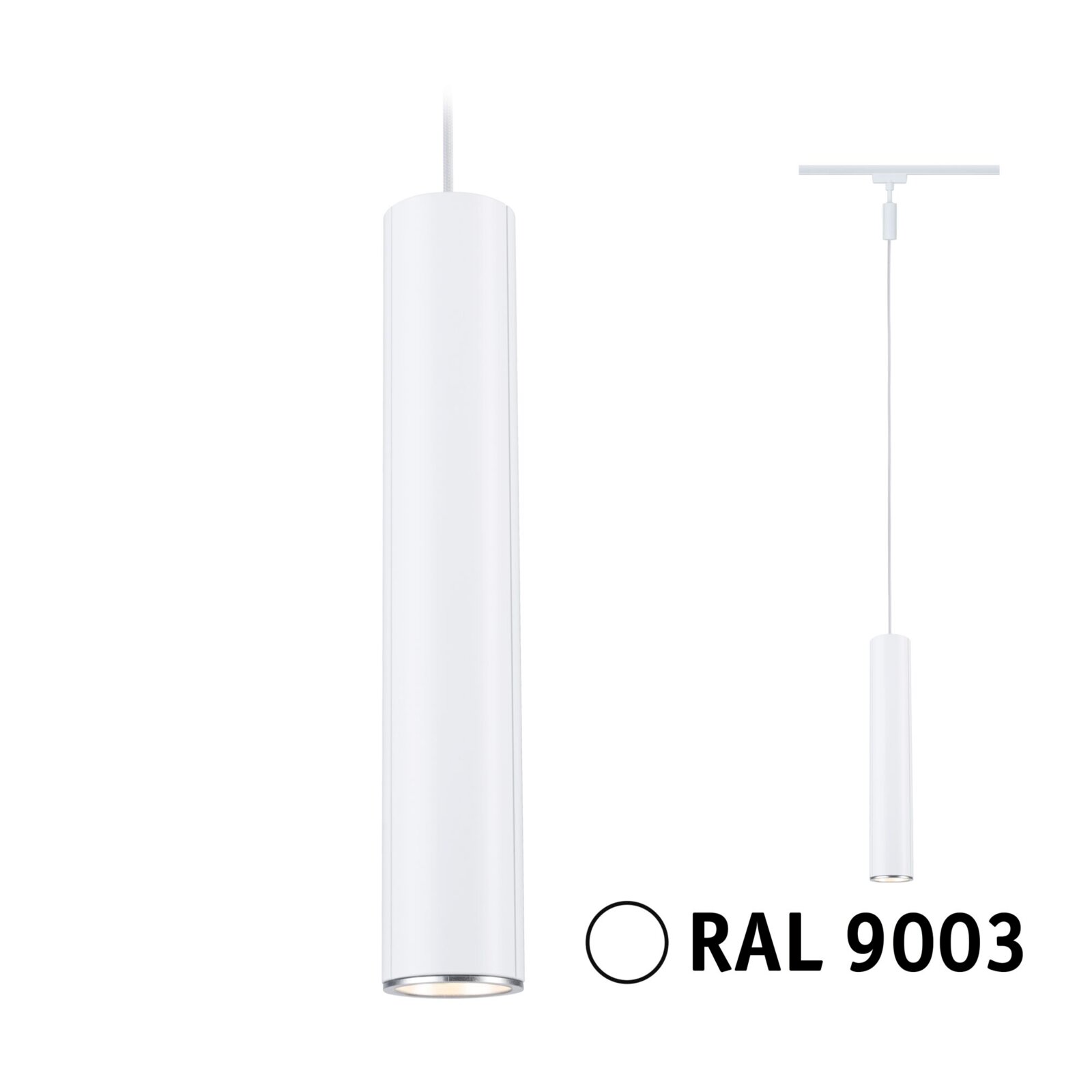 Witte, cilindrische railpendel Catalejo van PAULMANN, model URAIL, in RAL 9003, zijaanzicht.