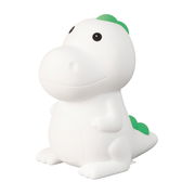 Weiße Akku-Nachtleuchte in Form eines Dinosauriers mit grünen Akzenten, seitliche Perspektive