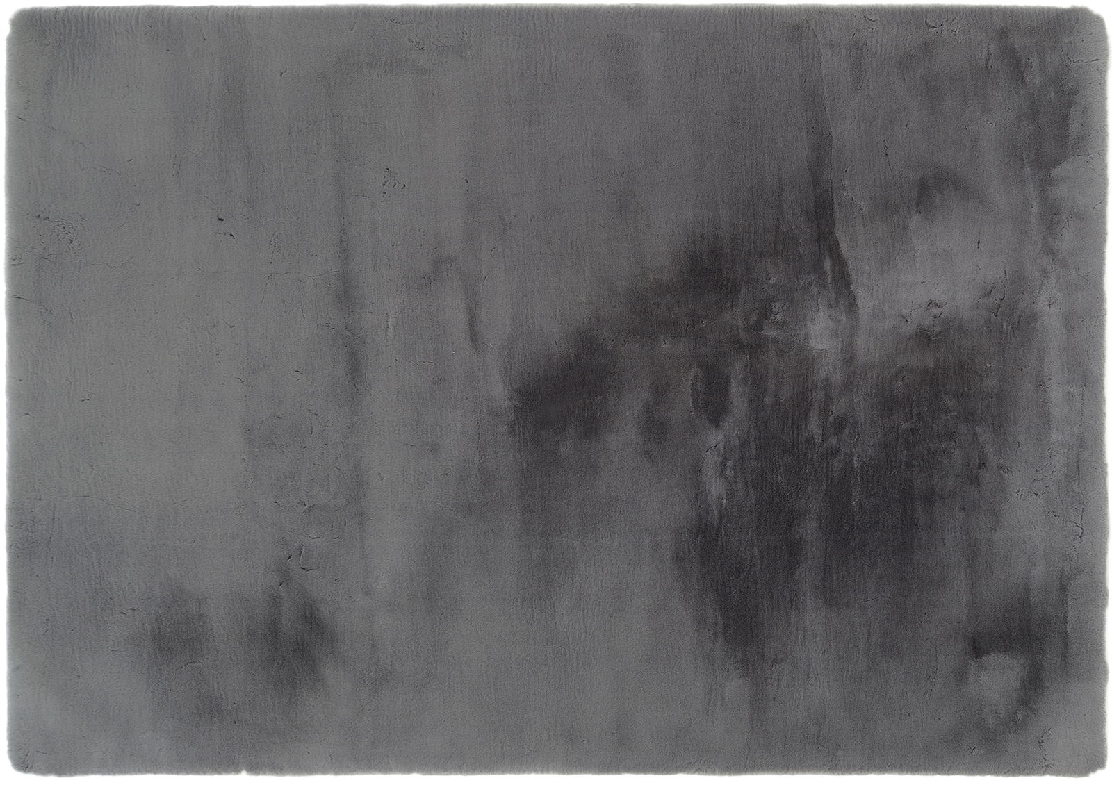 Grauer Fellteppich in Draufsicht mit weicher Textur und leichtem Farbverlauf.