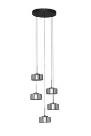 Moderne LED-Hängeleuchte mit fünf verstellbaren, zylinderförmigen Lampenschirmen in Chromoptik, von unten betrachtet.