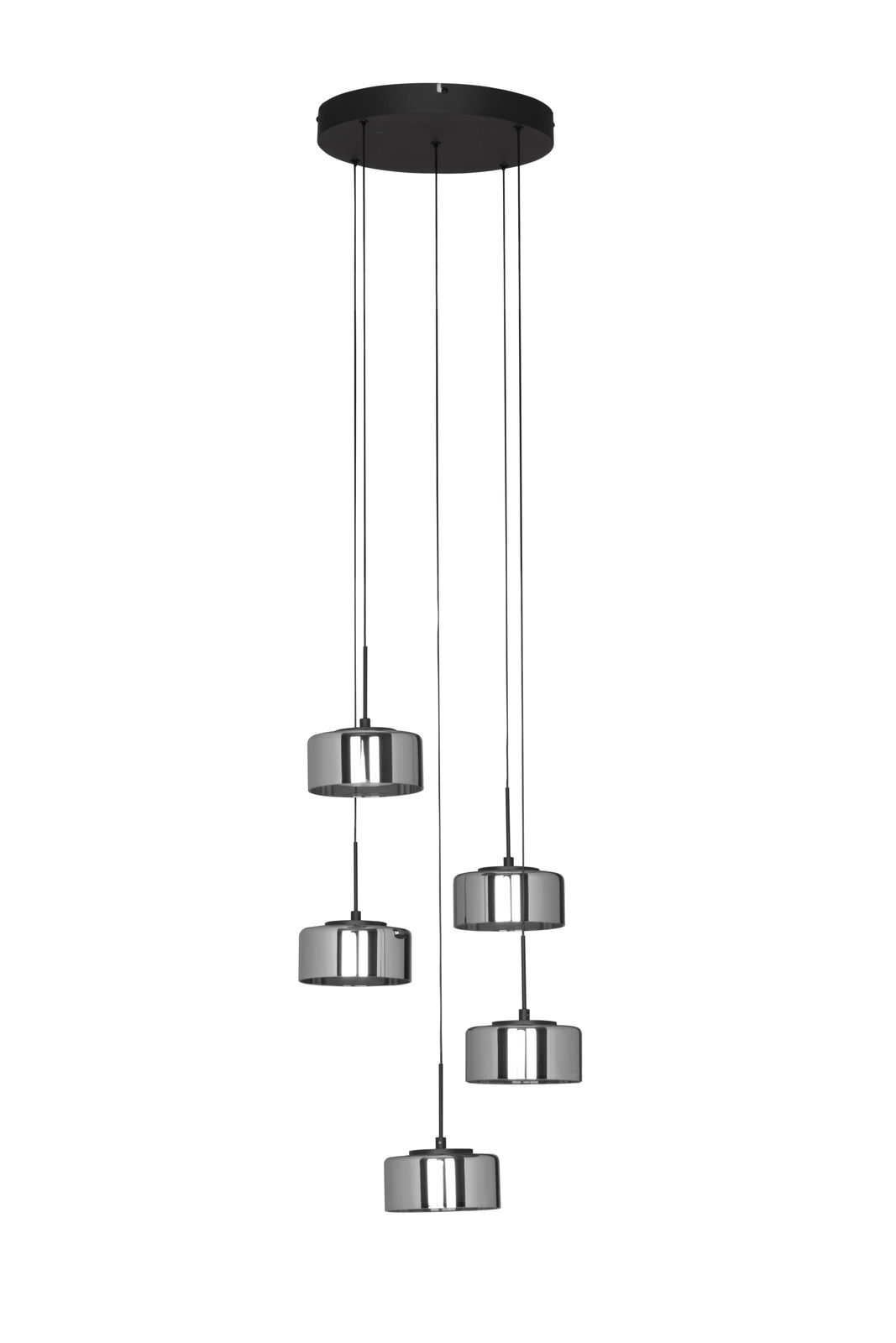 Moderne LED-Hängeleuchte mit fünf verstellbaren, zylinderförmigen Lampenschirmen in Chromoptik, von unten betrachtet.