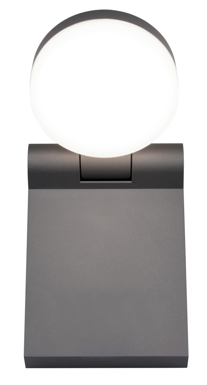 Moderne wandlamp ADOUR in grijze kleur, hier afgebeeld in vooraanzicht met een ronde, lichtgevende lichtverspreider.