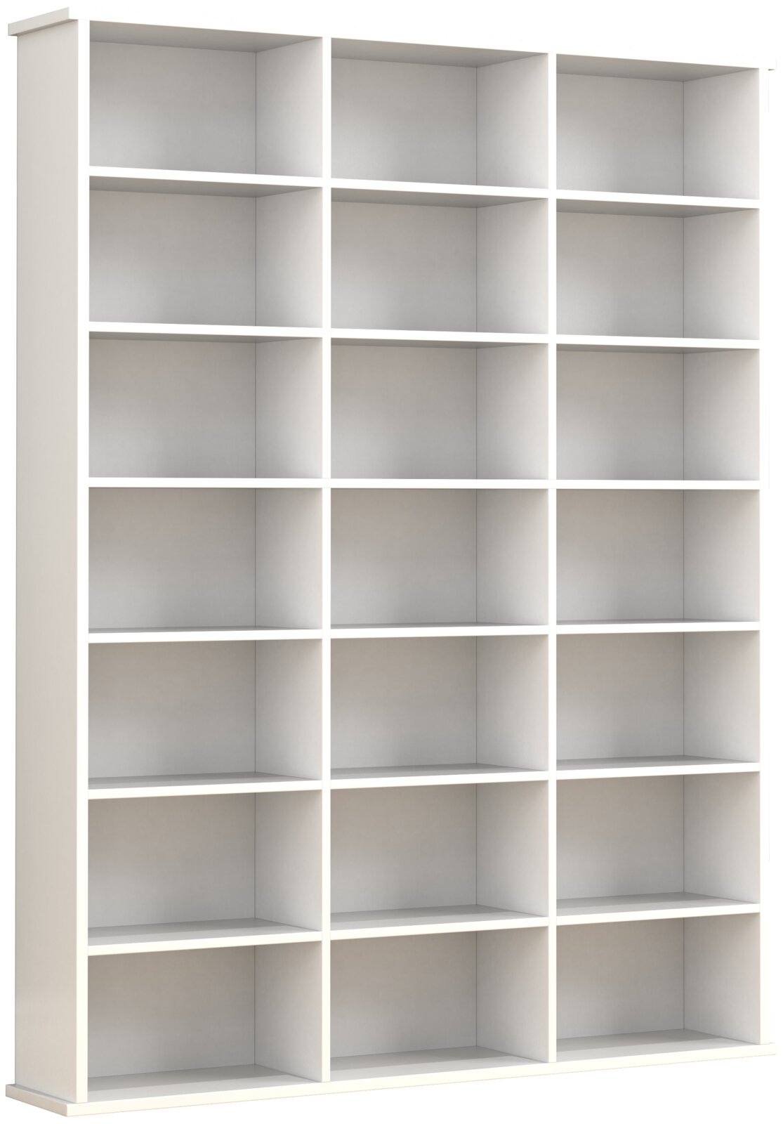 Weißes, hohes Regal mit 18 offenen Fächern (3 Spalten x 6 Reihen) im modernen, minimalistischen Design, frontale Ansicht mit leichter Perspektive von links