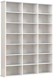 Weißes, hohes Regal mit 18 offenen Fächern (3 Spalten x 6 Reihen) im modernen, minimalistischen Design, frontale Ansicht mit leichter Perspektive von links