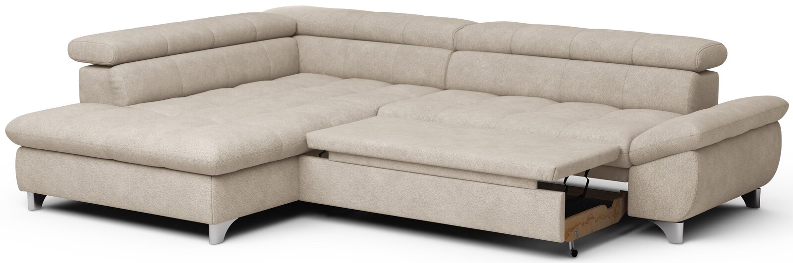 Beiges L-förmiges Ecksofa mit Schlaffunktion und ausziehbarem Bettkasten, gepolsterter Rückenlehne und Armlehnen, in schräger Frontansicht von links auf weißem Hintergrund