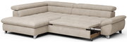 Beiges L-förmiges Ecksofa mit Schlaffunktion und ausziehbarem Bettkasten, gepolsterter Rückenlehne und Armlehnen, in schräger Frontansicht von links auf weißem Hintergrund