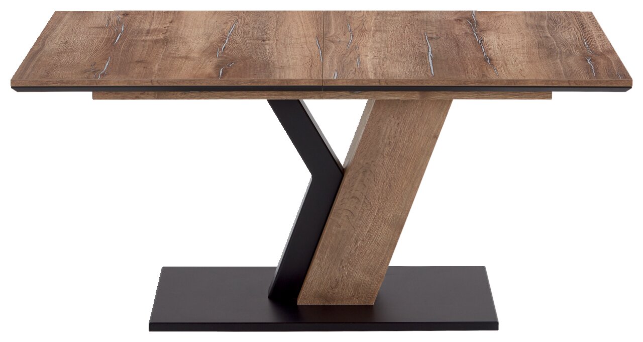 Moderne eettafel met houtlook en een uniek Y-vormig onderstel, vooraanzicht