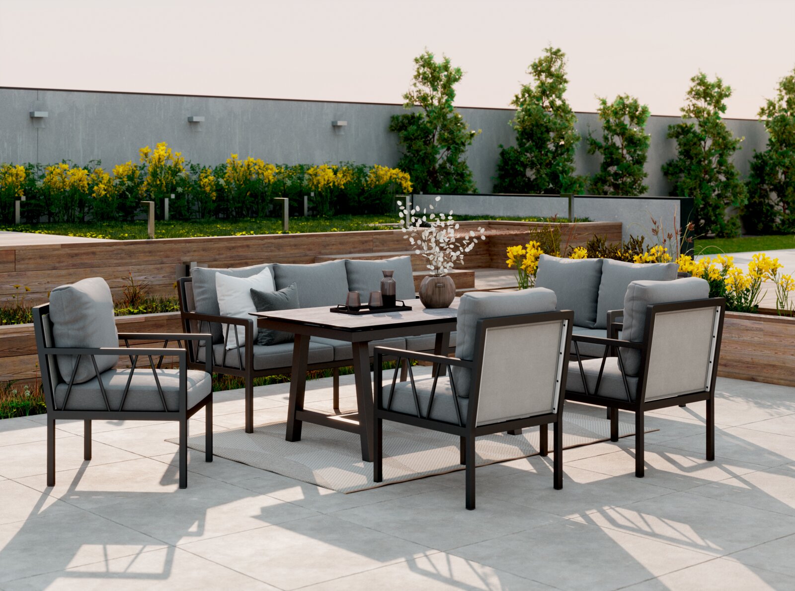 Tuinsetset met tafel en stoelen op een terras, zijaanzicht