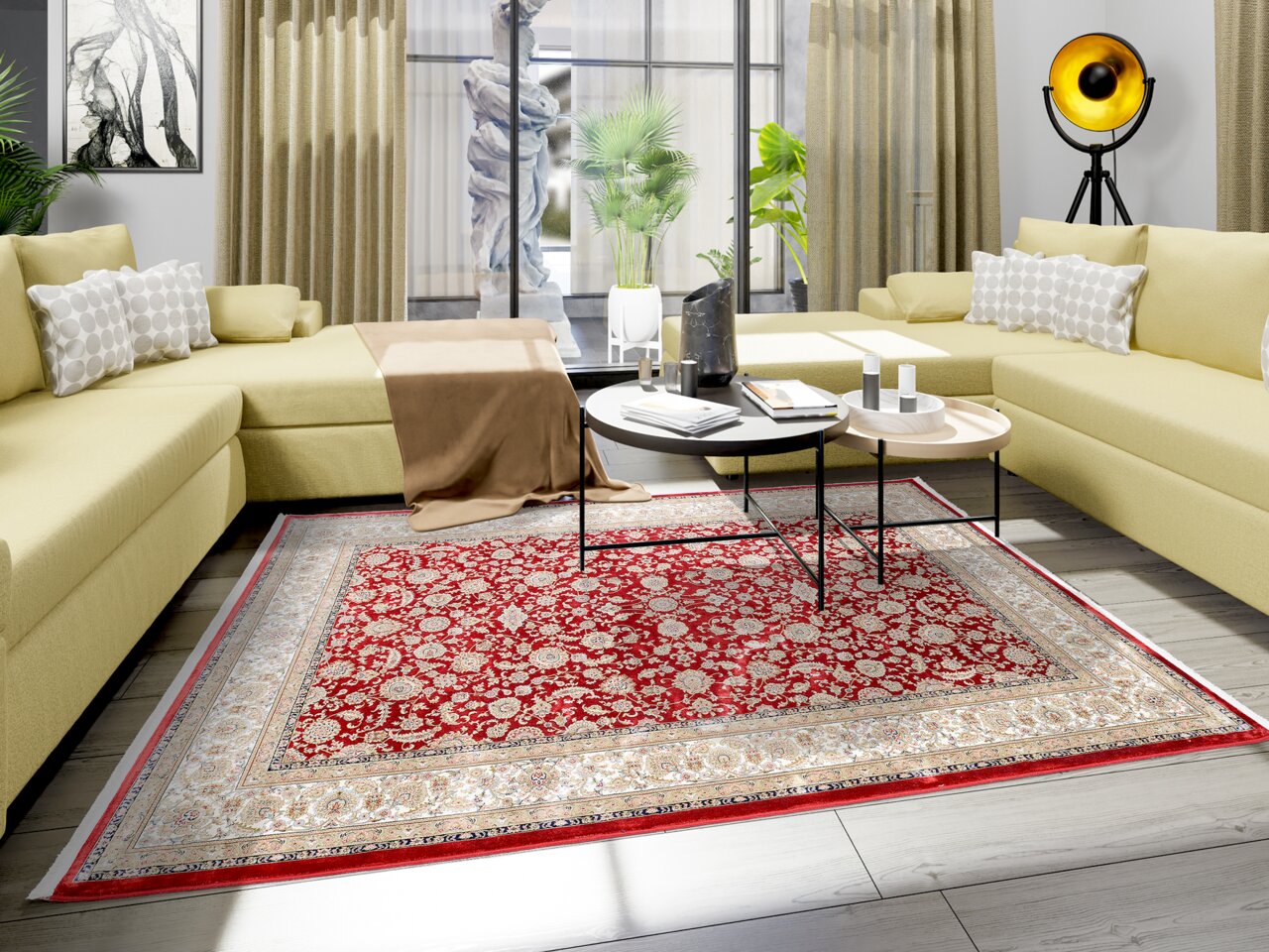 Orientteppich mit rotem und beigem Muster in einem modernen Wohnzimmer mit gelben Sofas, Couchtisch und großen Fenstern, von oben betrachtet.