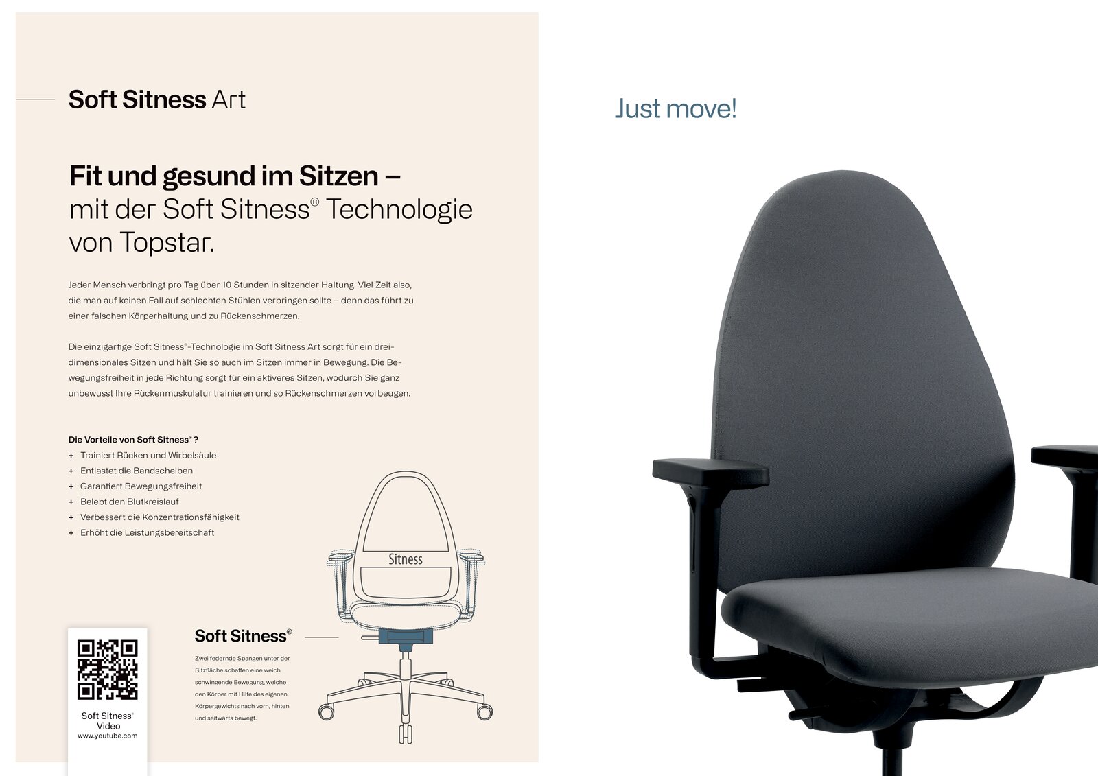 Bürostuhl mit Soft Sitness Technologie von Topstar, seitliche Perspektive, ergonomisches Design mit Armlehnen.