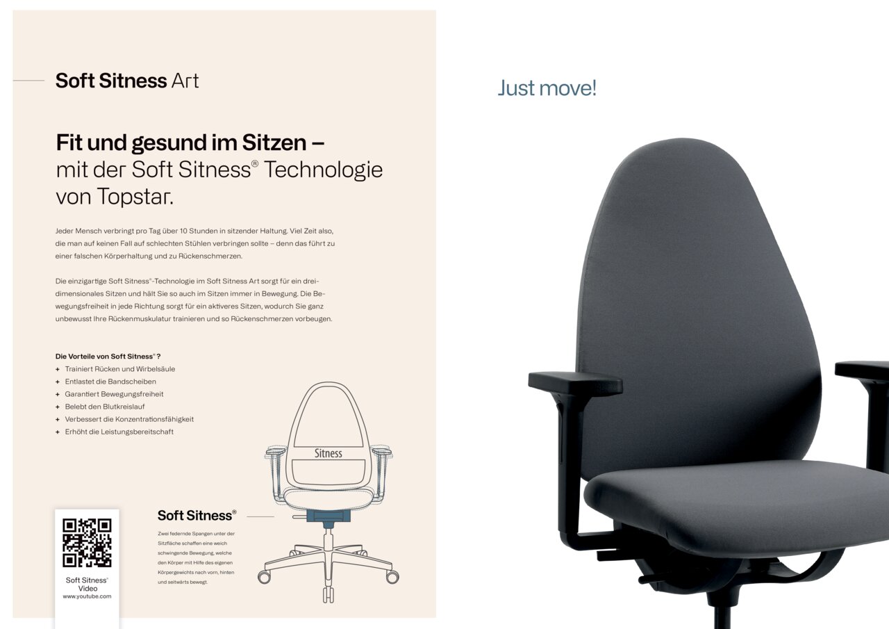 Bürostuhl mit Soft Sitness Technologie von Topstar, seitliche Perspektive, ergonomisches Design mit Armlehnen.