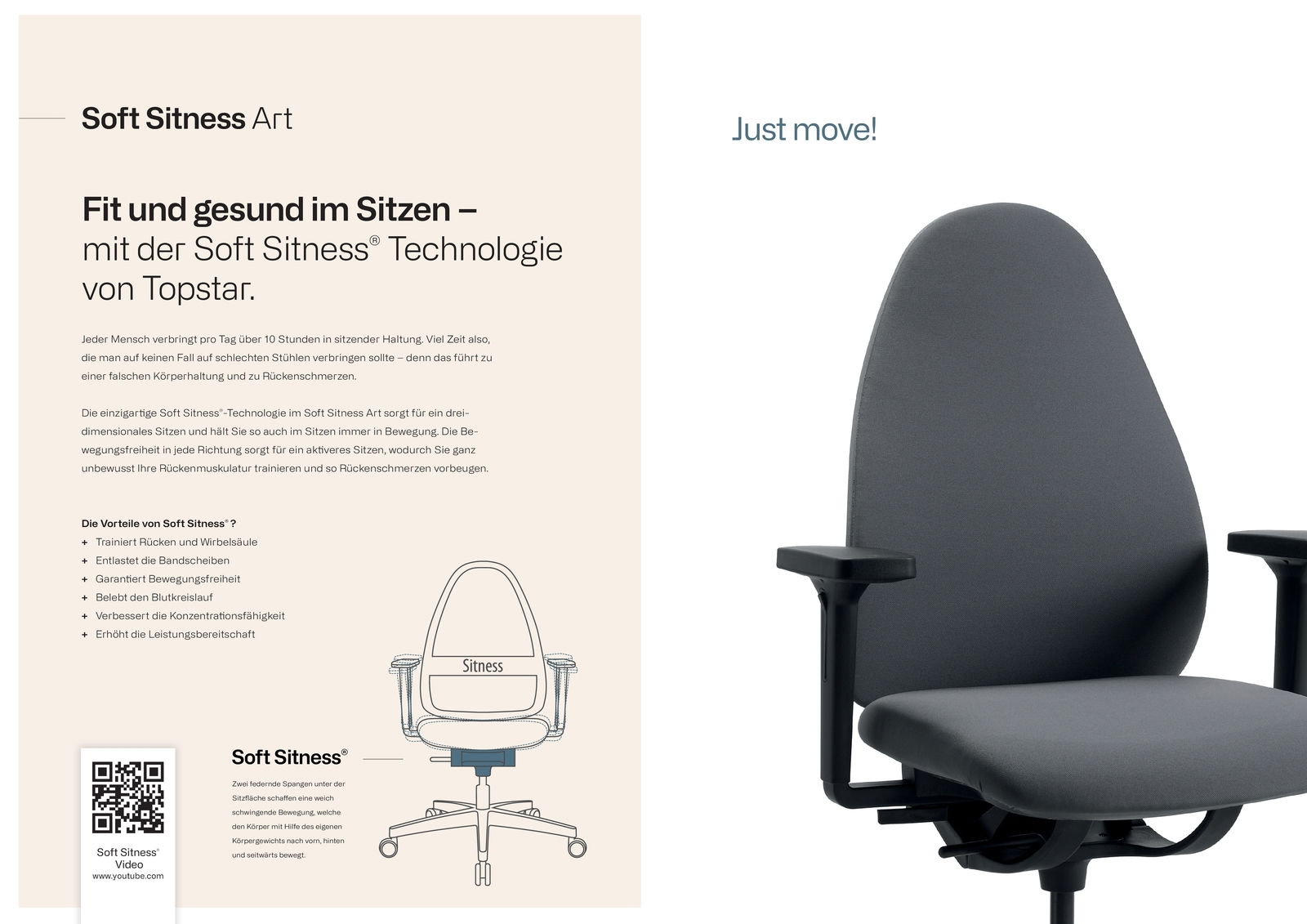 Bürostuhl mit Soft Sitness Technologie von Topstar, seitliche Perspektive, ergonomisches Design mit Armlehnen.