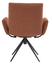 Rückansicht eines braunen Armlehnstuhls mit schwarzem Metallgestell und vier Beinen.