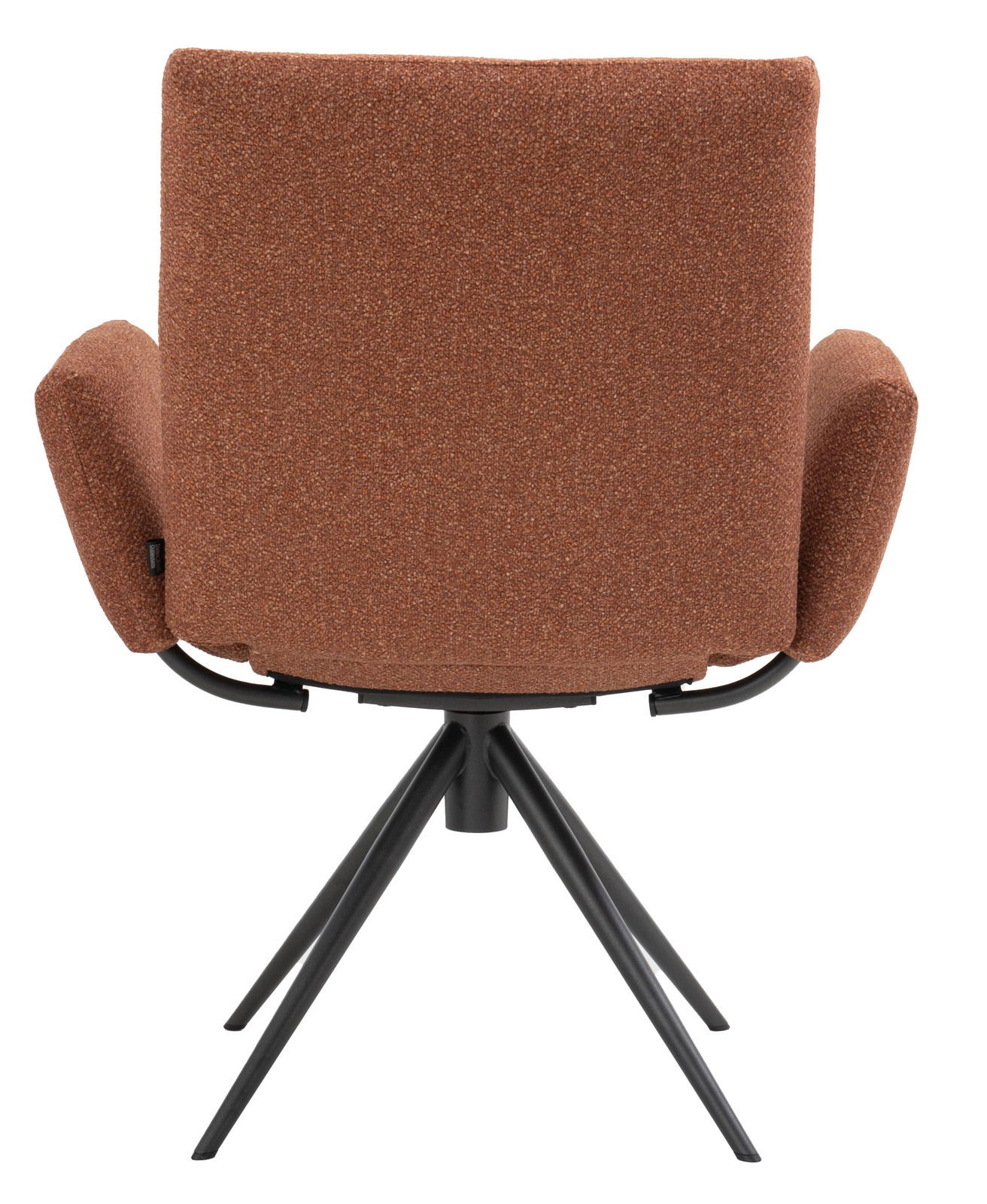 Rückansicht eines braunen Armlehnstuhls mit schwarzem Metallgestell und vier Beinen.
