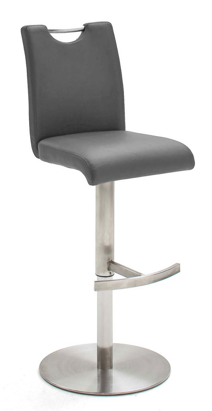 Novel Barhocker ALESI Moderner Barhocker mit grauem Sitz und Rückenlehne, verstellbarem Edelstahlgestell und Fußstütze, seitliche Perspektive
