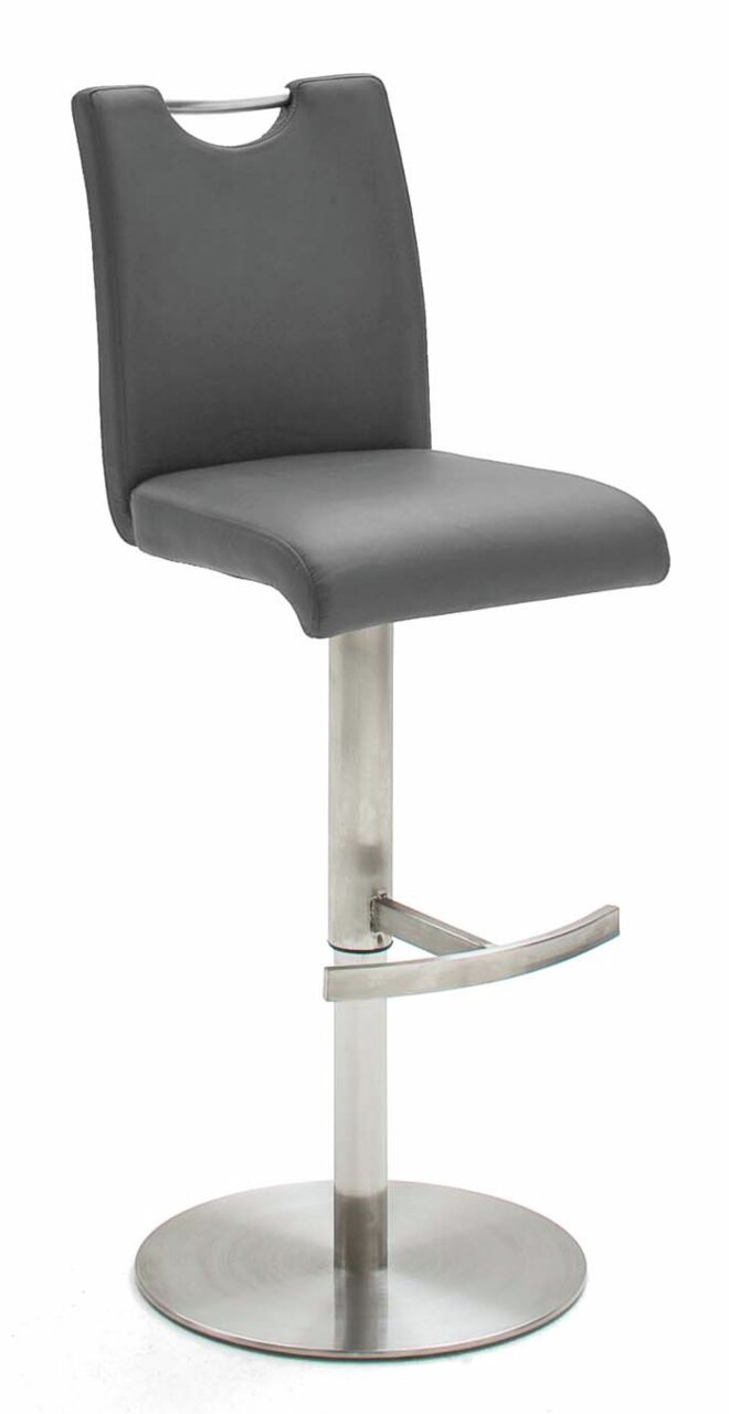 Moderner Barhocker mit grauem Sitz und Rückenlehne, verstellbarem Edelstahlgestell und Fußstütze, seitliche Perspektive