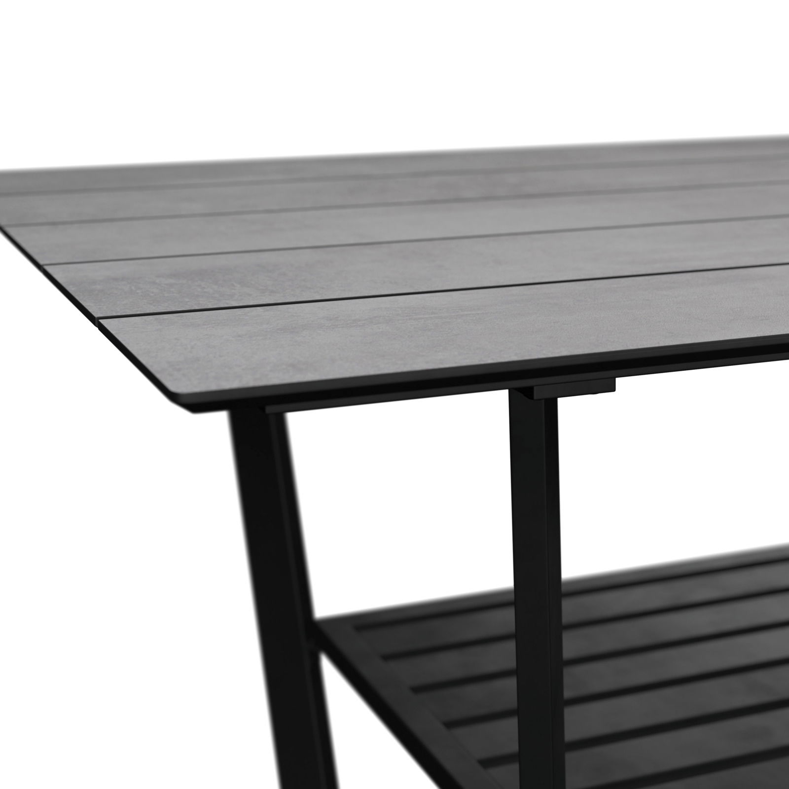 Moderner Gartentisch aus Metall mit grauer Tischplatte, seitliche Perspektive