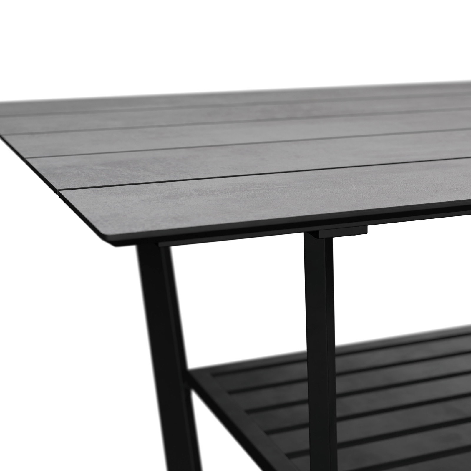 Moderner Gartentisch aus Metall mit grauer Tischplatte, seitliche Perspektive