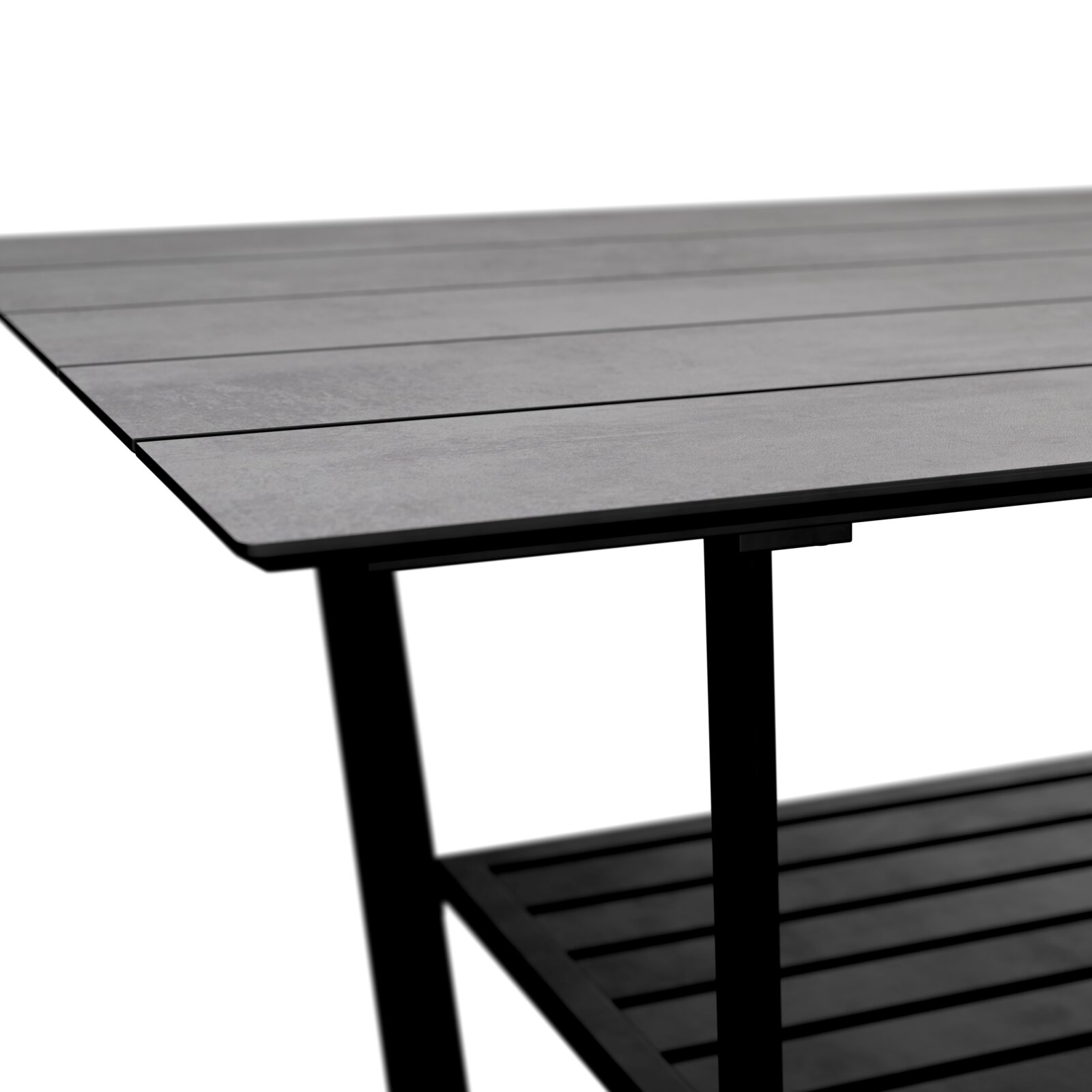 Moderner Gartentisch aus Metall mit grauer Tischplatte, seitliche Perspektive