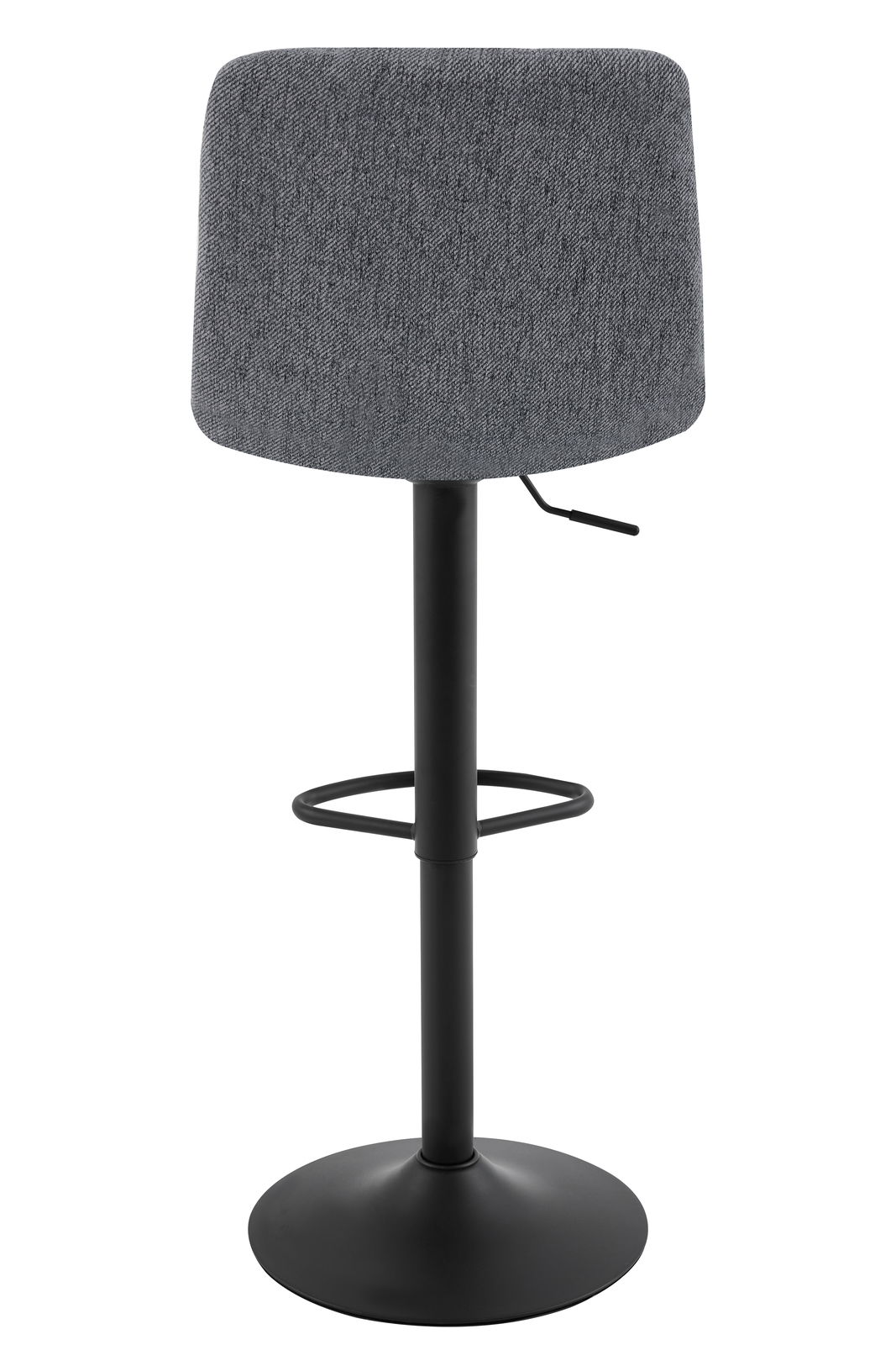 Rückansicht eines grauen Barhockers mit schwarzem Metallgestell und Fußstütze
