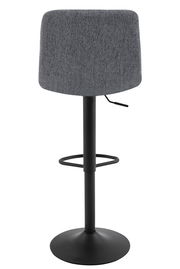 Rückansicht eines grauen Barhockers mit schwarzem Metallgestell und Fußstütze