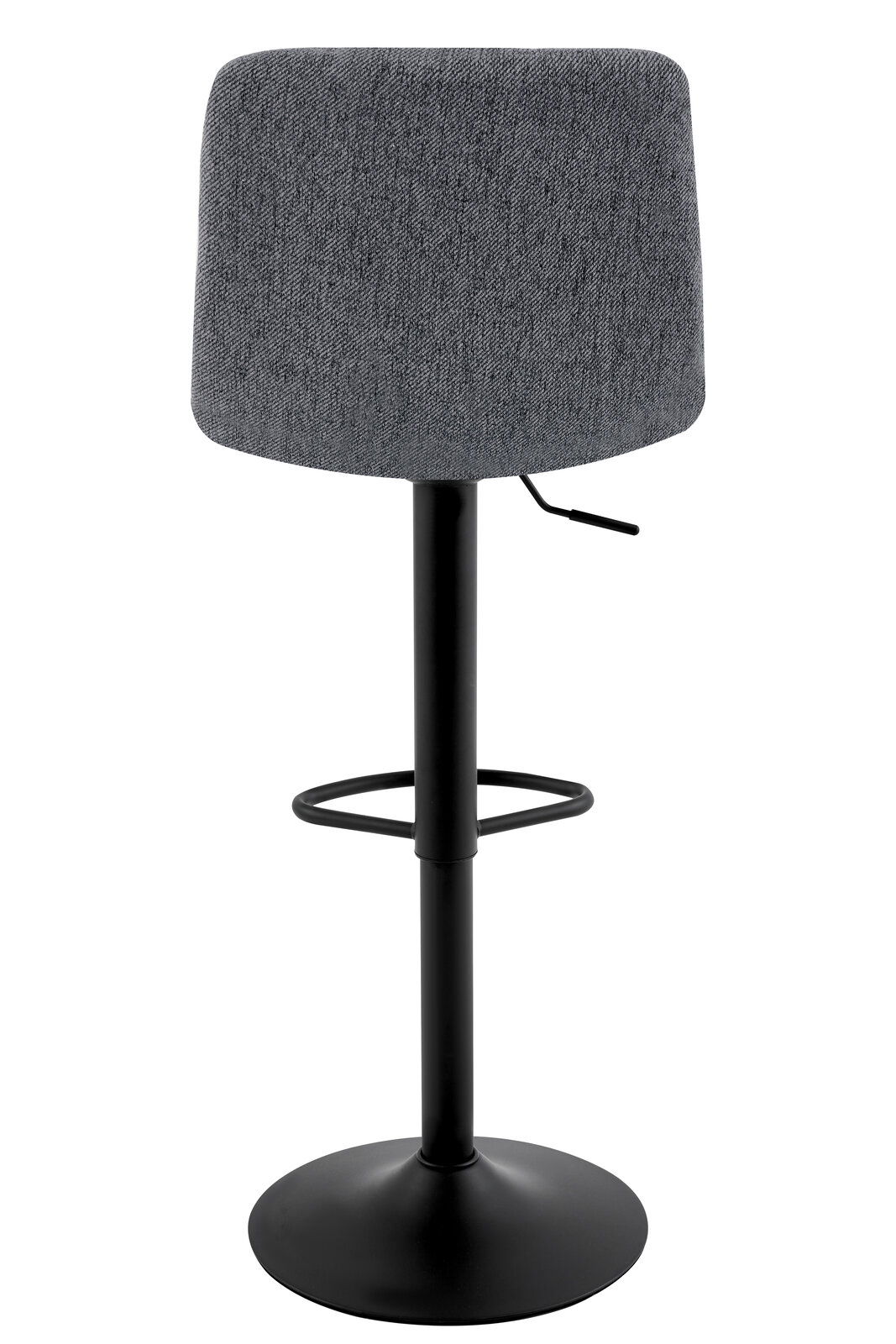 Rückansicht eines grauen Barhockers mit schwarzem Metallgestell und Fußstütze