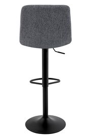 Rückansicht eines grauen Barhockers mit schwarzem Metallgestell und Fußstütze