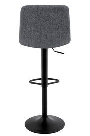 Rückansicht eines grauen Barhockers mit schwarzem Metallgestell und Fußstütze
