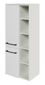 Weißer Midischrank mit zwei Türen und offenen Regalfächern, seitliche Perspektive