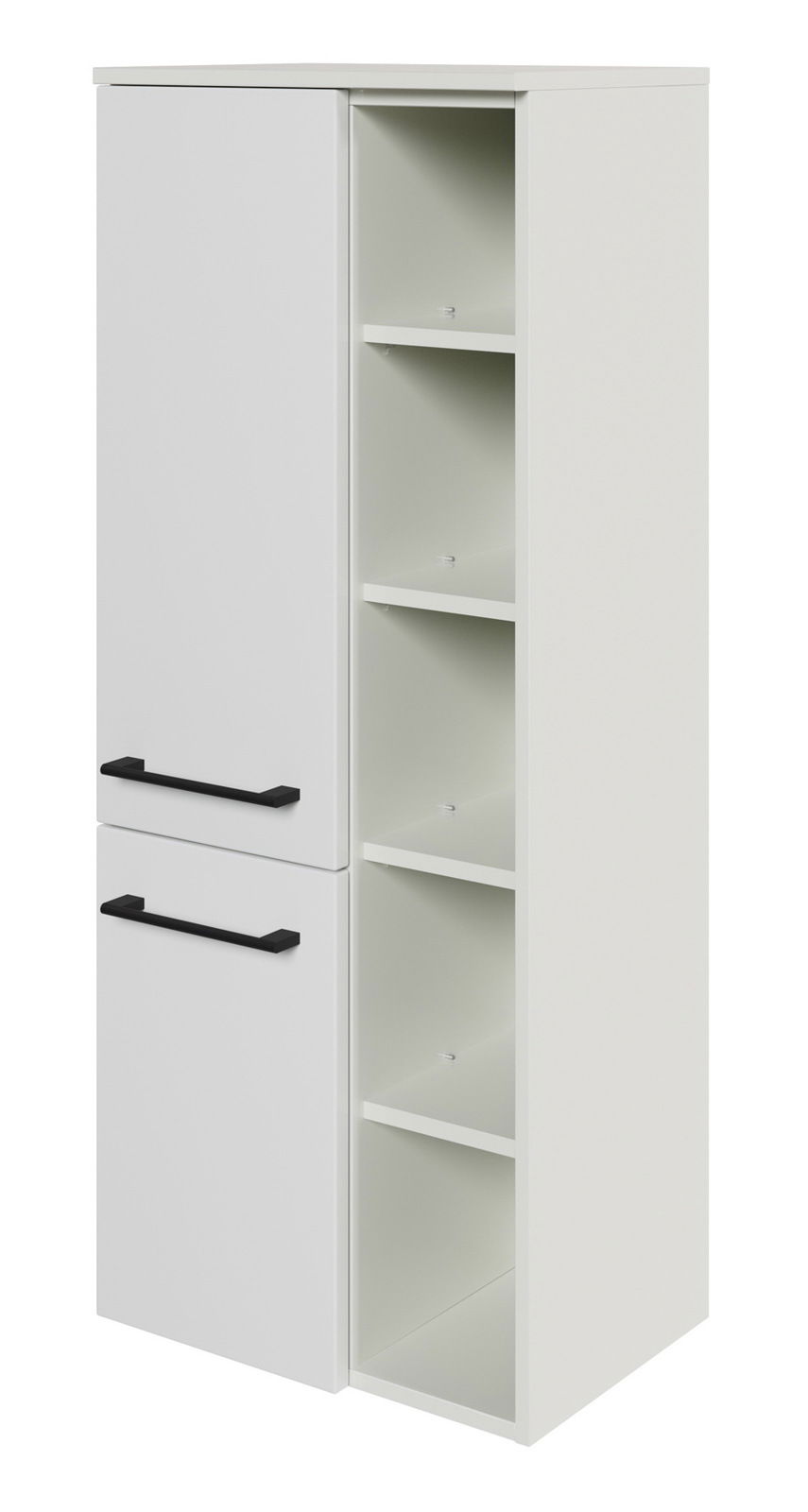 Weißer Midischrank mit zwei Türen und offenen Regalfächern, seitliche Perspektive