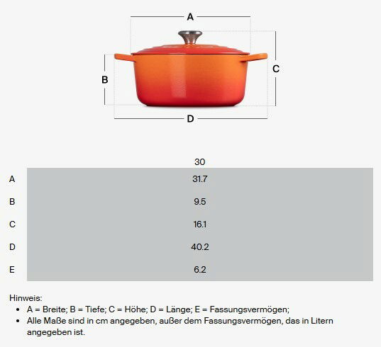 Gourmet Bräter 30cm in Ofenrot, seitliche Ansicht mit Deckel und Griffen, Maße in cm: Breite 31.7, Tiefe 9.5, Höhe 16.1, Länge 40.2, Fassungsvermögen 6.2 Liter.