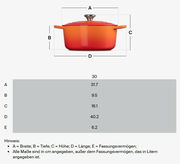 Gourmet Bräter 30cm in Ofenrot, seitliche Ansicht mit Deckel und Griffen, Maße in cm: Breite 31.7, Tiefe 9.5, Höhe 16.1, Länge 40.2, Fassungsvermögen 6.2 Liter.
