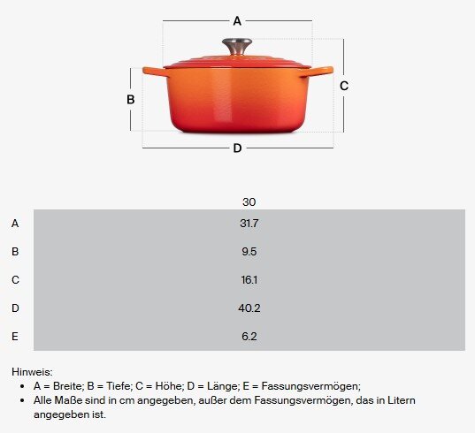 Gourmet Bräter 30cm in Ofenrot, seitliche Ansicht mit Deckel und Griffen, Maße in cm: Breite 31.7, Tiefe 9.5, Höhe 16.1, Länge 40.2, Fassungsvermögen 6.2 Liter.