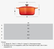 Gourmet Bräter 30cm in Ofenrot, seitliche Ansicht mit Deckel und Griffen, Maße in cm: Breite 31.7, Tiefe 9.5, Höhe 16.1, Länge 40.2, Fassungsvermögen 6.2 Liter.